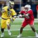 Michigan senior Thomas Paras is hit in the game against Ohio State at Michigan Stadium on Saturday, April 13. AnnArbor.com I Daniel Brenner
